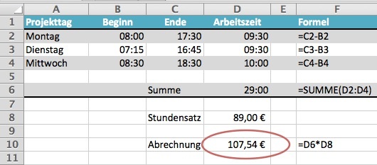 Projektkostenabrechnung mit Excel 2011: Zeit * Stundensatz
